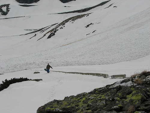 Recovering Ioana's board after the avalanche