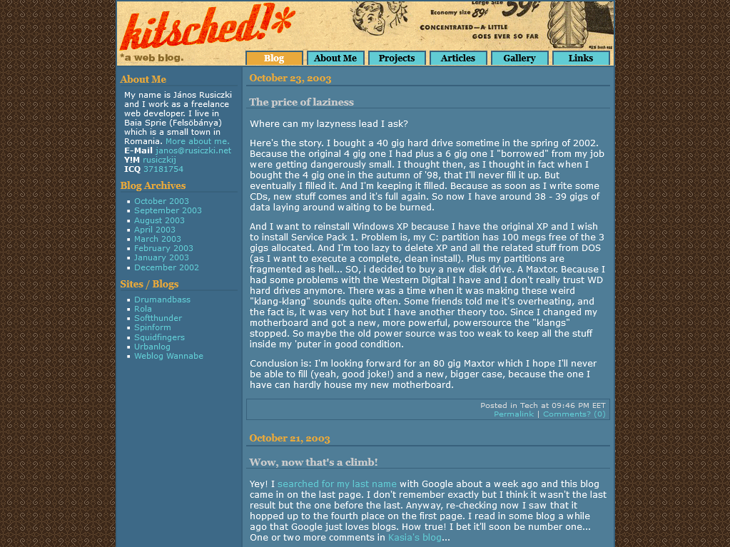 Captură de ecran a blogului meu așa cum arată pe 27 octombrie 2003