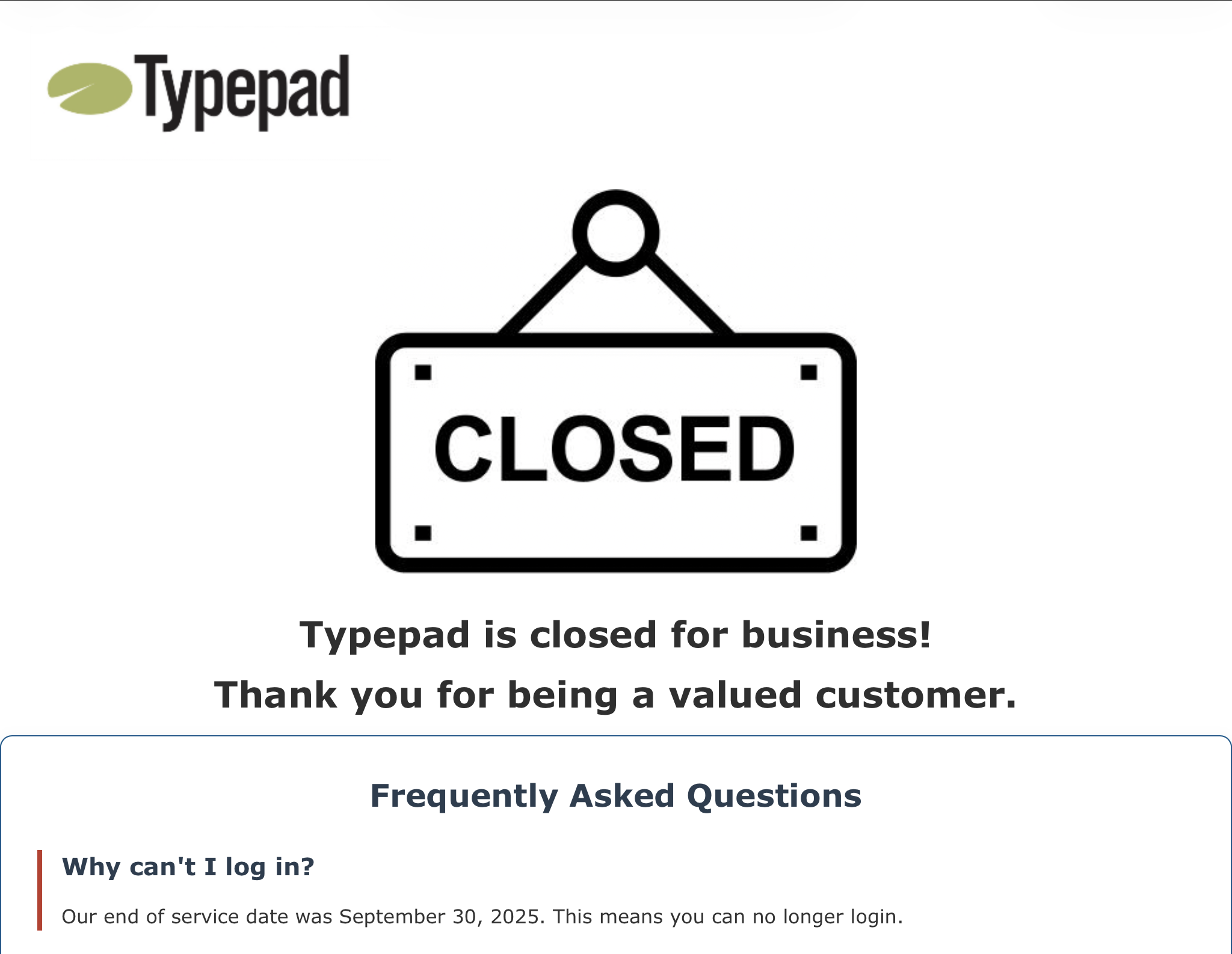 Typepad Closed