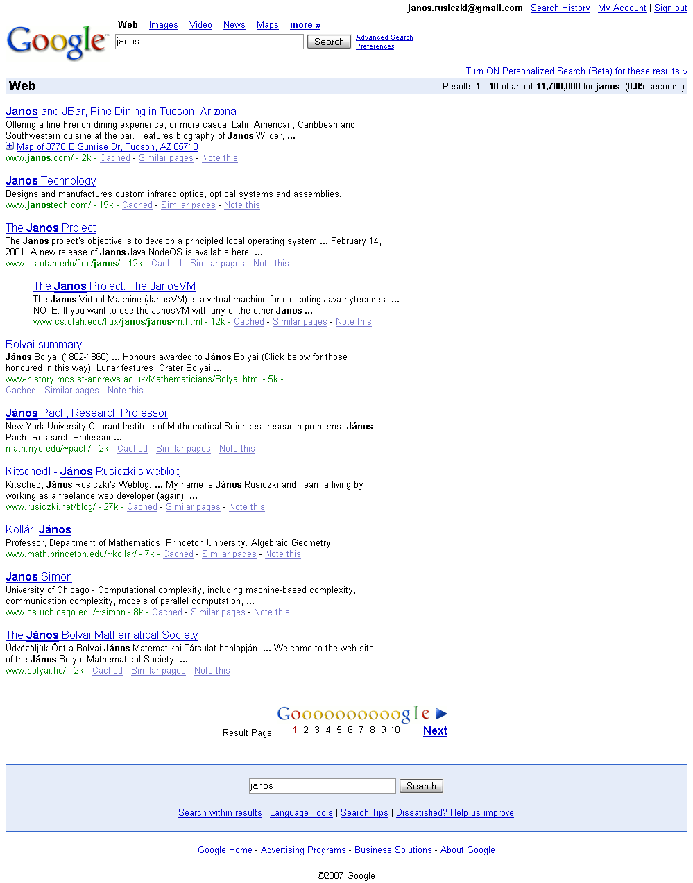 Google search for 'j&aacute;nos'