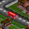 A bus riding through a town in Transport Tycoon