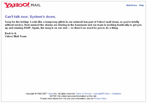 Yahoo! Mail - Can't talk now. System's down.